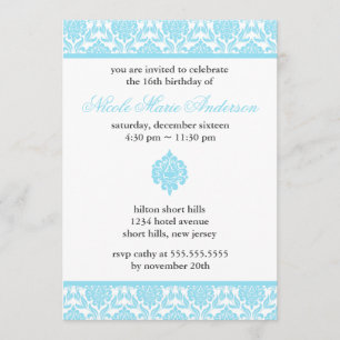 Blue Damask Sweet Sixteen Birthday Kaart