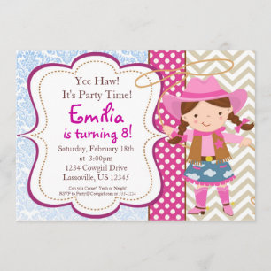 Blue Damask, Tan Chevron Cowgirl Birthday Party Kaart