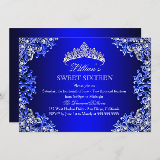 Blue Damask Tiara Sweet 16 Invitation Kaart (Voorkant / Achterkant)
