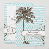 Blue Damask Tropical Palm Wedding Invitation Kaart (Voorkant / Achterkant)