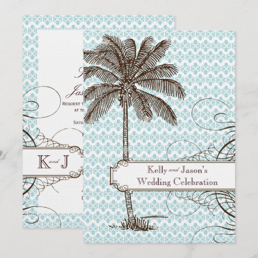 Blue Damask Tropical Palm Wedding Invitation Kaart (Voorkant / Achterkant)