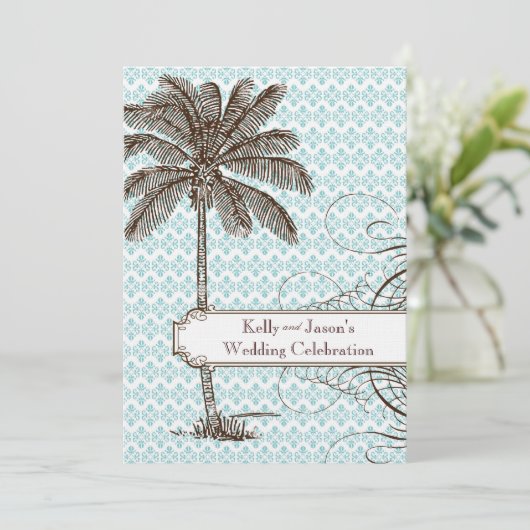 Blue Damask Tropical Palm Wedding Invitation Kaart (Staand voorkant)