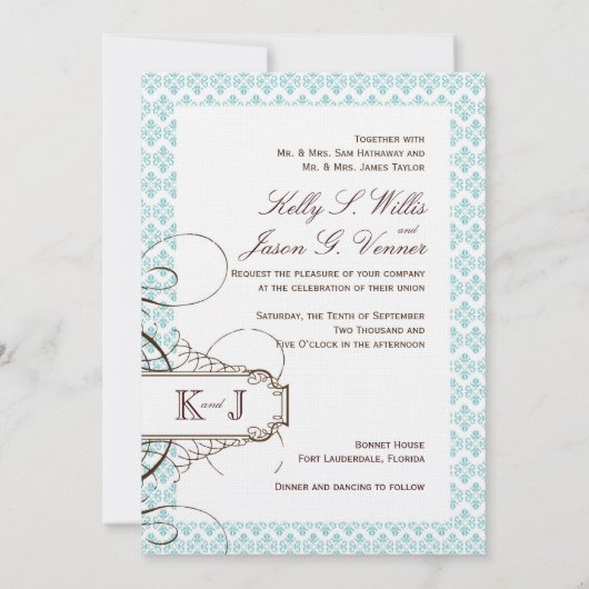 Blue Damask Tropical Palm Wedding Invitation Kaart (Achterkant)
