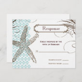 Blue Damask Tropical Wedding Response Card RSVP Kaartje (Voorkant / Achterkant)