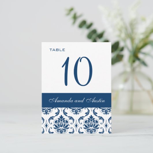 Blue Damask Trouwtafel Nummer Kaarten (Staand voorkant)
