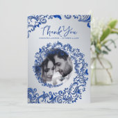 Blue Damask Wedding Dank u fotokaart Bedankkaart (Staand voorkant)