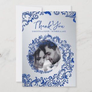 Blue Damask Wedding Dank u fotokaart Bedankkaart