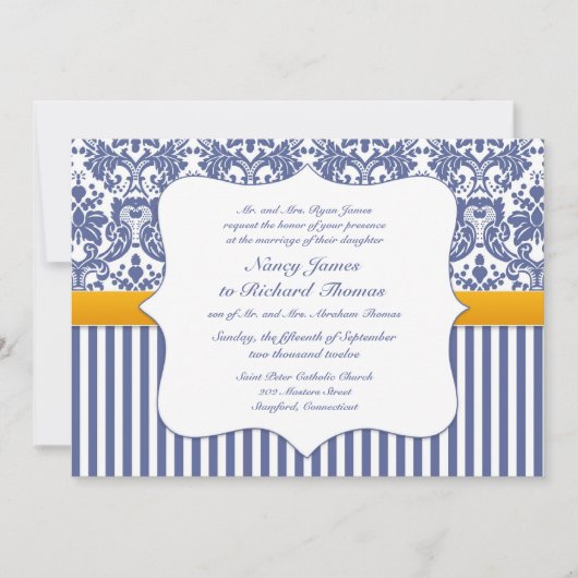 Blue Damask Wedding Flat Uitnodiging (Voorkant)