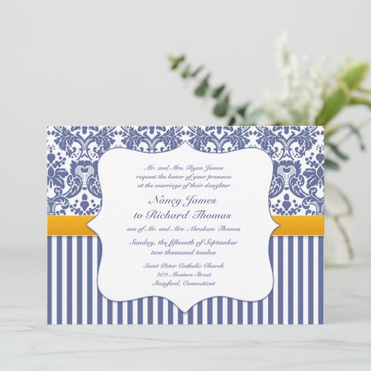 Blue Damask Wedding Flat Uitnodiging (Staand voorkant)