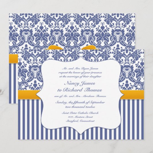 Blue Damask Wedding Flat Uitnodiging (Voorkant / Achterkant)