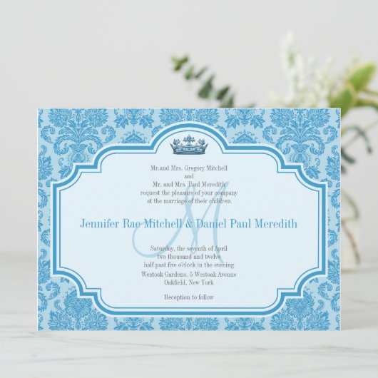 Blue Damask Wedding Invitting Monogram M Kaart (Staand voorkant)