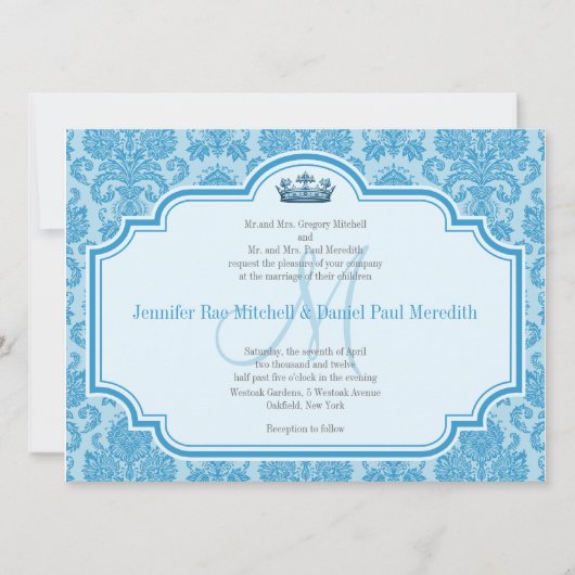 Blue Damask Wedding Invitting Monogram M Kaart (Voorkant)