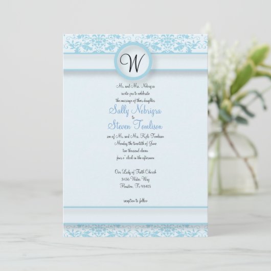 Blue Damask Wedding Kaart (Staand voorkant)