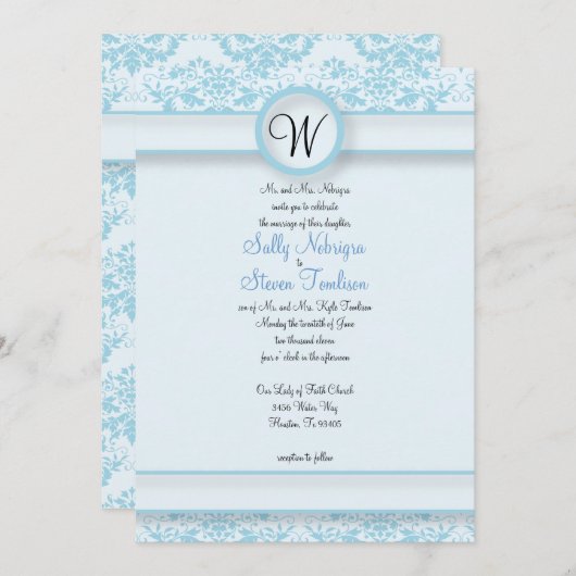 Blue Damask Wedding Kaart (Voorkant / Achterkant)