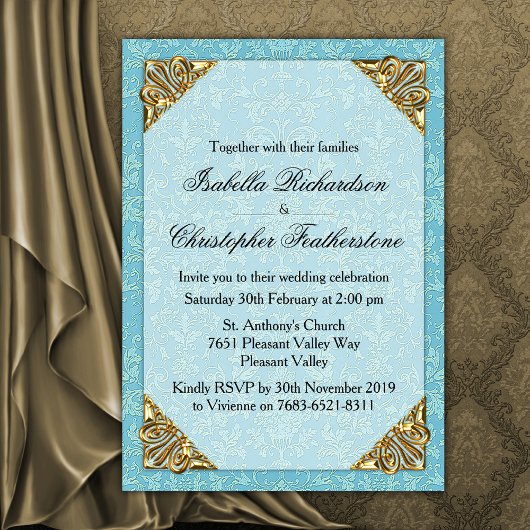 Blue Damask Wedding Kaart