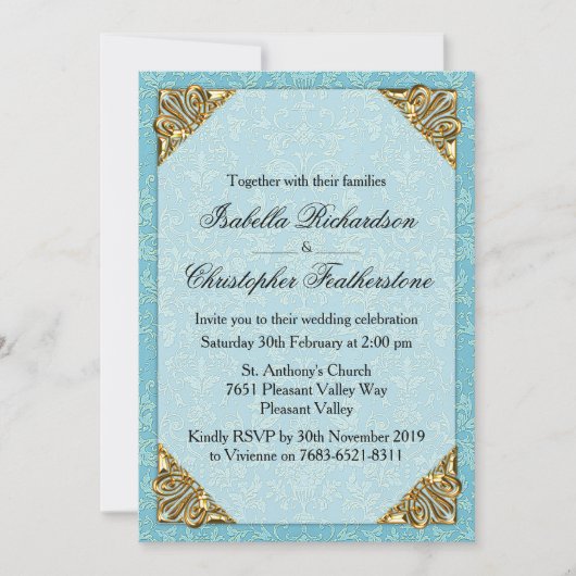 Blue Damask Wedding Kaart (Voorkant)