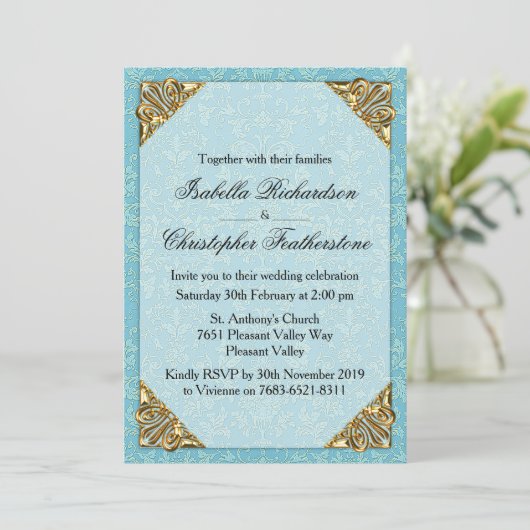Blue Damask Wedding Kaart (Staand voorkant)