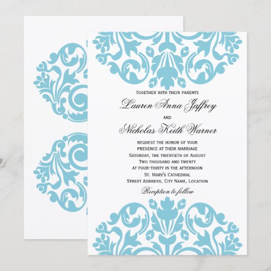 Blue Damask Wedding Kaart (Voorkant / Achterkant)