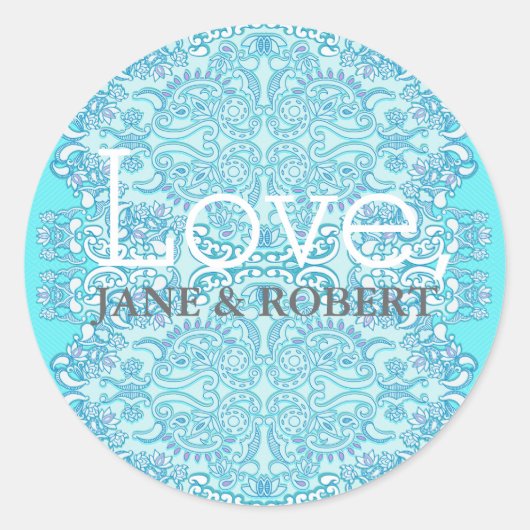 Blue Damask Wedding Ronde Sticker (Voorkant)