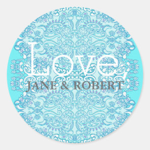 Blue Damask Wedding Ronde Sticker