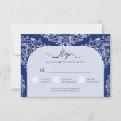 Blue Damask Wedding RSVP Response Kaart (Voorkant)
