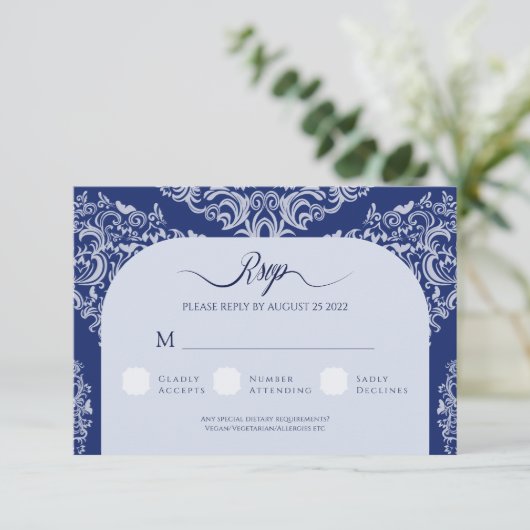 Blue Damask Wedding RSVP Response Kaart (Staand voorkant)