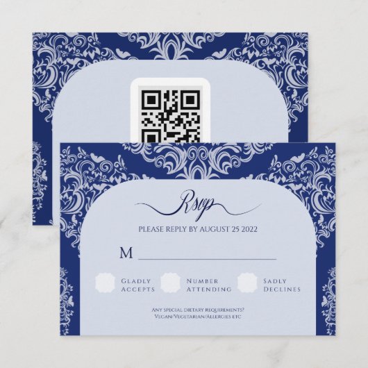 Blue Damask Wedding RSVP Response Kaart (Voorkant / Achterkant)