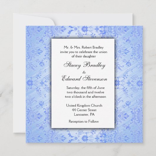 Blue Damask Wedding Uitnodiging (Voorkant)