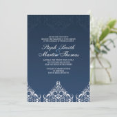 Blue Damask Wedding Uitnodiging (Staand voorkant)