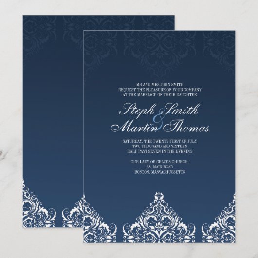 Blue Damask Wedding Uitnodiging (Voorkant / Achterkant)