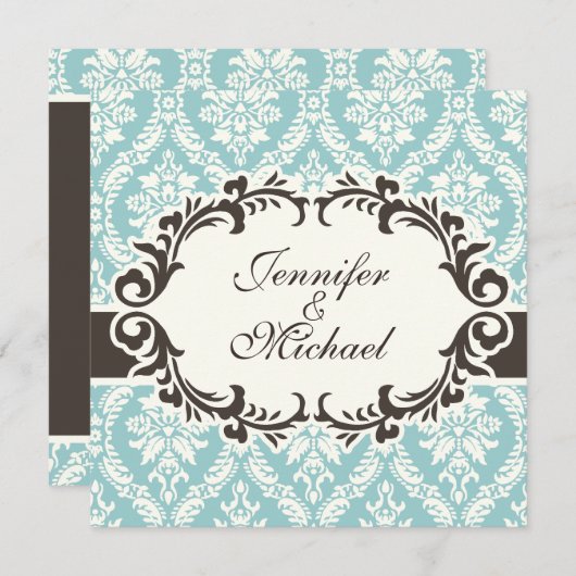 Blue Damask Wedding Uitnodiging (Voorkant / Achterkant)