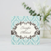 Blue Damask Wedding Uitnodiging (Staand voorkant)
