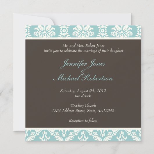 Blue Damask Wedding Uitnodiging (Achterkant)