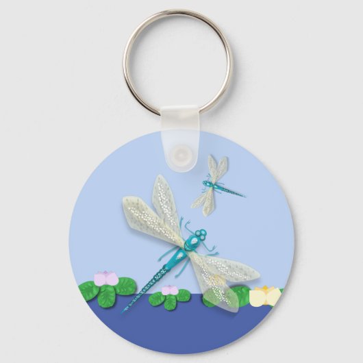 Blue Damselflies boven Water Lily's Sleutelhanger (Voorkant)