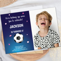 Blue & Dark Soccer Verjaardag Uitnodigingen met Fo
