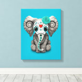 Blue Day of the Dead Sugar Skull Baby Olifant Canvas Afdruk (Insitu (Houten vloer))