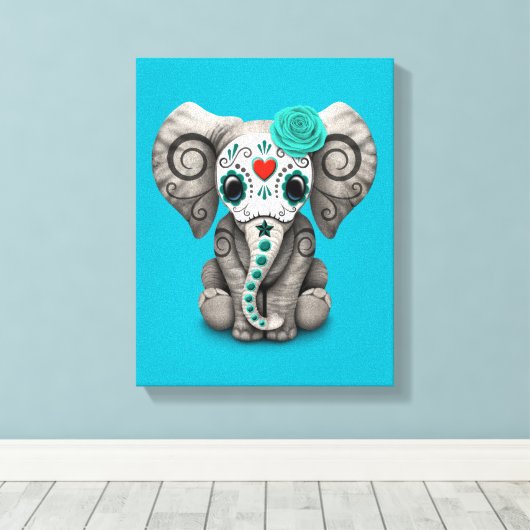 Blue Day of the Dead Sugar Skull Baby Olifant Canvas Afdruk (Insitu (Houten vloer))