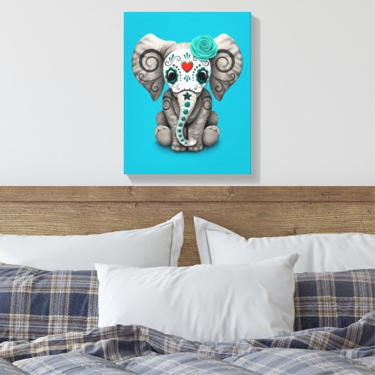 Blue Day of the Dead Sugar Skull Baby Olifant Canvas Afdruk (Insitu (Slaapkamer))
