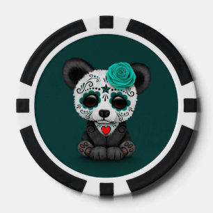 Blue Day of the Dead Sugar Skull Panda op Blauwgro Pokerchips