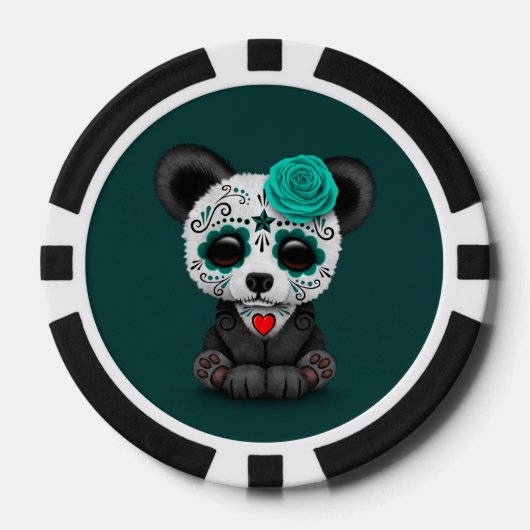 Blue Day of the Dead Sugar Skull Panda op Blauwgro Pokerchips (Voorkant)