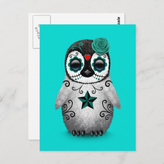 Blue Day of the Dead Sugar Skull Penguin Briefkaart (Voorkant / Achterkant)