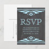 Blue Deco Chalkboard RSVP Briefkaart (Voorkant / Achterkant)