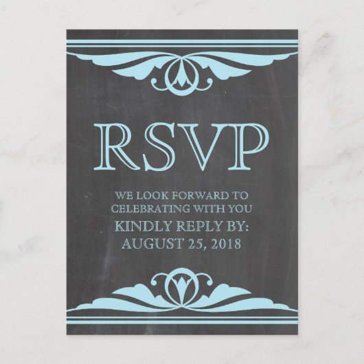 Blue Deco Chalkboard RSVP Briefkaart (Voorkant)