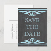 Blue Deco Chalkboard Save the Date Briefkaart (Voorkant / Achterkant)