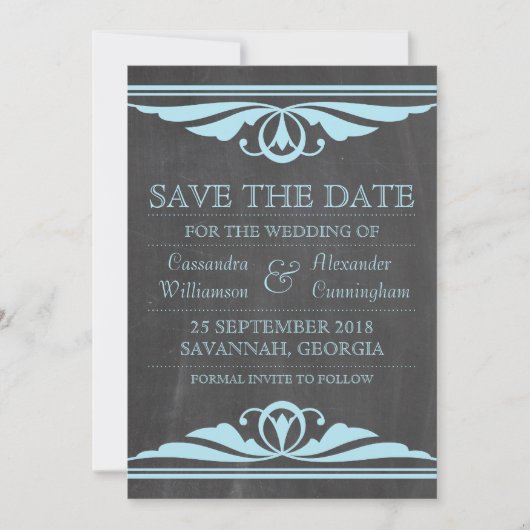 Blue Deco Chalkboard Save the Date Invite (Voorkant)