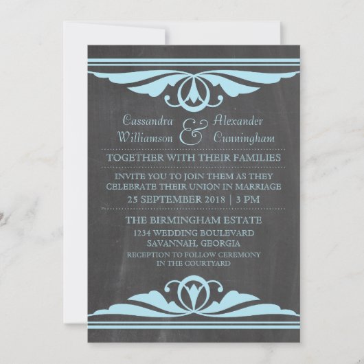 Blue Deco Chalkboard Wedding Invite Kaart (Voorkant)