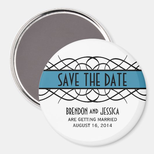 Blue Deco Flourish Save the Date Magnet (Voorkant / Achterkant)