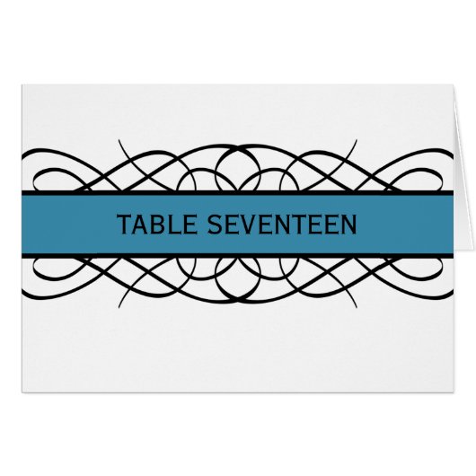Blue Deco Flourish Table Number Kaart (Voorkant Horizontaal)