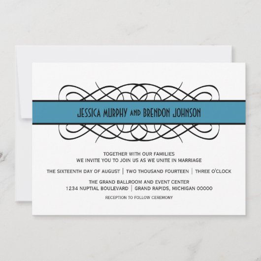 Blue Deco Flourish Wedding Invite Kaart (Voorkant)