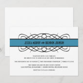 Blue Deco Flourish Wedding Invite Kaart (Voorkant / Achterkant)